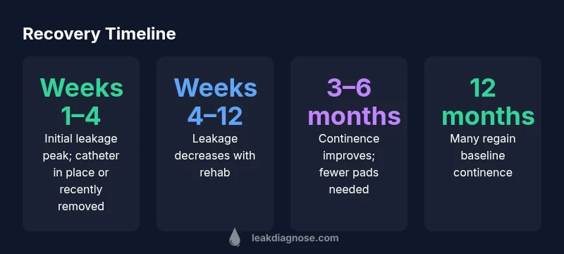 Infographic showing recovery timeline after prostate surgery leakage progression