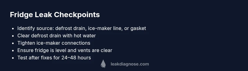 Checklist infographic for fridge leak troubleshooting