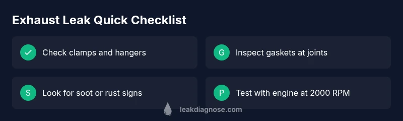 Checklist for diagnosing exhaust leaks in a car under acceleration.