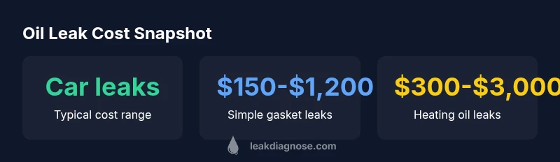 Infographic showing cost ranges for car engine oil leaks and heating oil leaks
