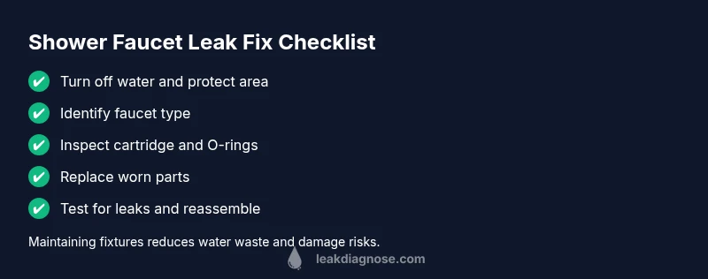 Checklist infographic showing steps to fix a leaky shower faucet