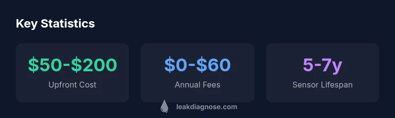 Infographic showing upfront costs, ongoing fees, and sensor lifespan for LeakBot cost