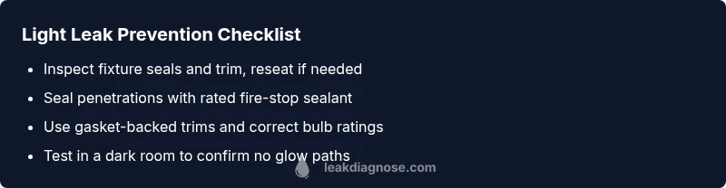 Checklist infographic showing steps to identify and fix light leaks around ceiling fixtures