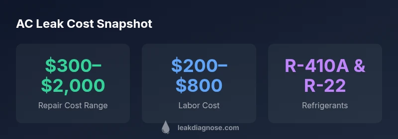 AC leak cost snapshot infographic showing ranges for repair cost, labor, and refrigerants