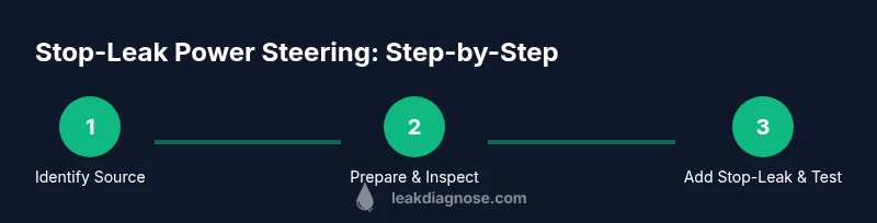 Process diagram showing locating, preparing, and testing steps to stop a power steering leak.