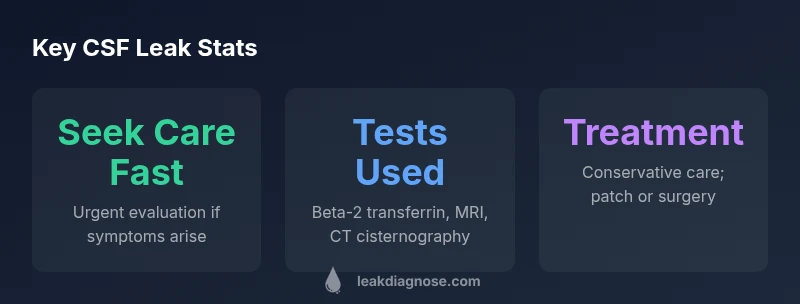 Infographic showing CSF leak safety overview with testing and treatment options