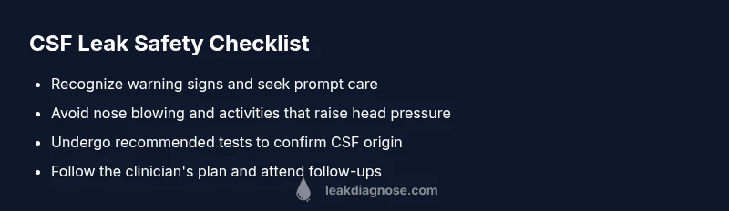 Checklist infographic showing steps to address CSF leaks safely