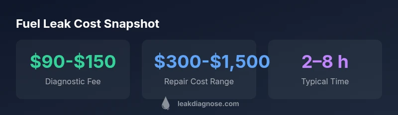 Infographic showing diagnostic fee, repair cost range, and time to complete fuel leak repairs