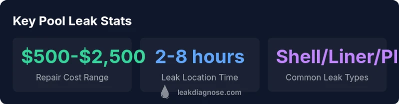 Infographic showing pool leak repair cost, time, and common leak types